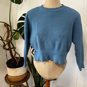 Sincerely Jules Ribbed Knit Sweater Womens Small Blue Cropped Drop Shoulder